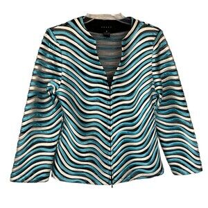 Weavz Zip Jacket  Womens Size S  V-Neck  Blue White Satin & Black Mesh  Dressy